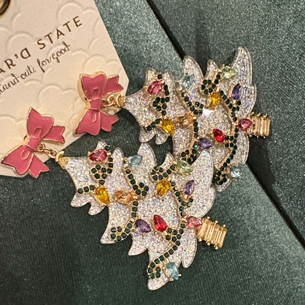 Altar'd State Glitter Christmas Tree Earrings Silver Holiday Party Statement - Picture 6 of 10